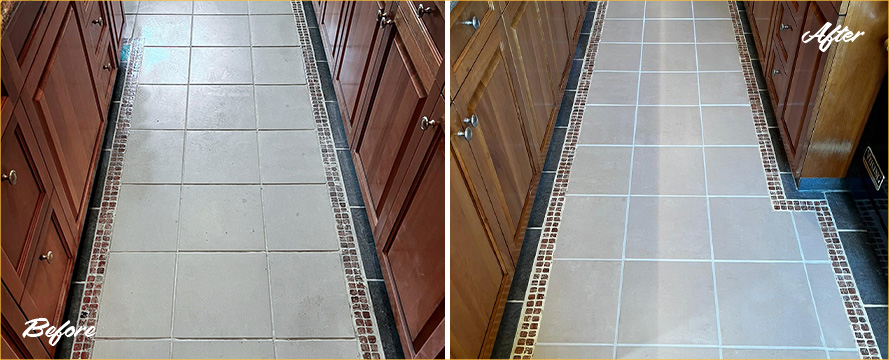 Kitchen Floor Before and After a Grout Sealing in Manhattan, NY